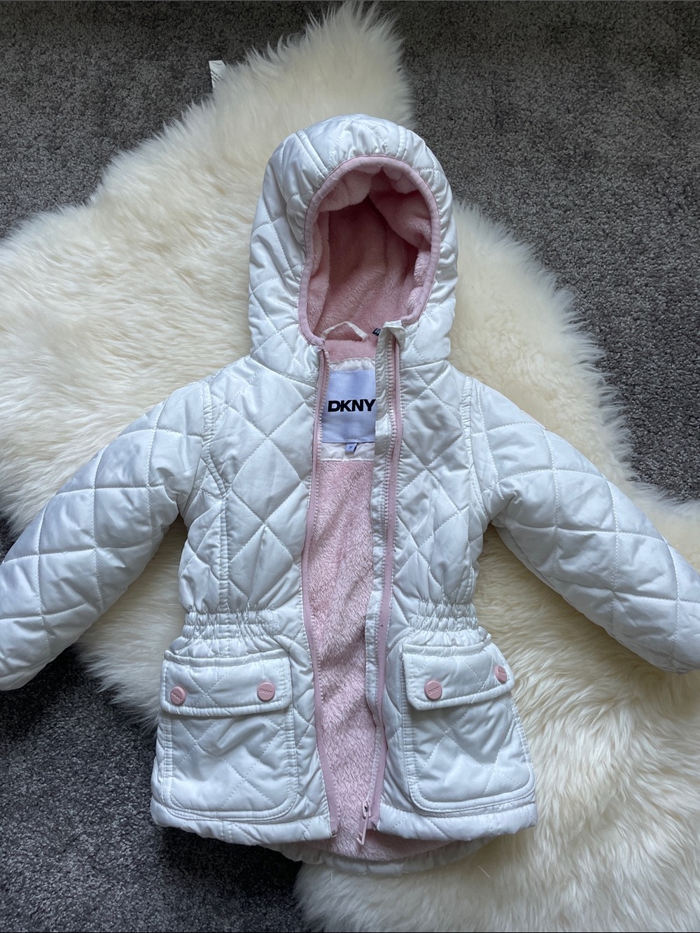 DKNY Pink and White Cozy Quilted Jacket with Hood